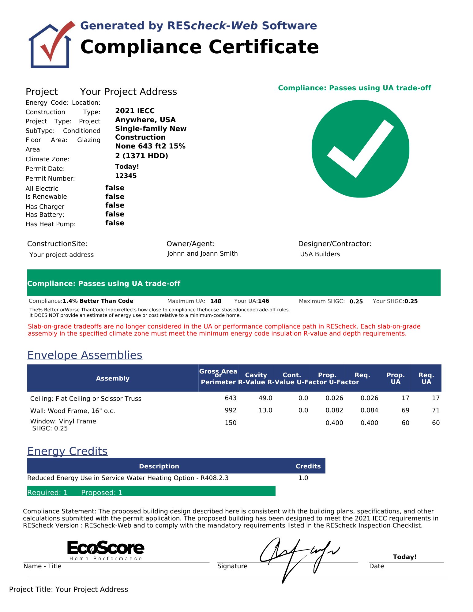 Sample REScheck Compliance Certificate showing energy code compliance for residential construction - generated by EcoScore Home Performance